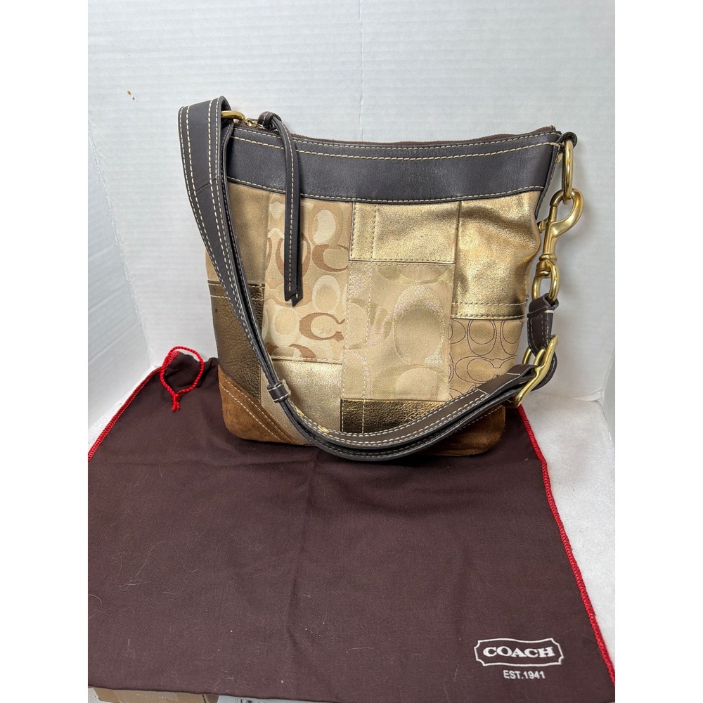 VTG Y2K Coach F10387 Hobo Patch Work Brown Gold‎ Leather Suede FLAWED w Dustbag